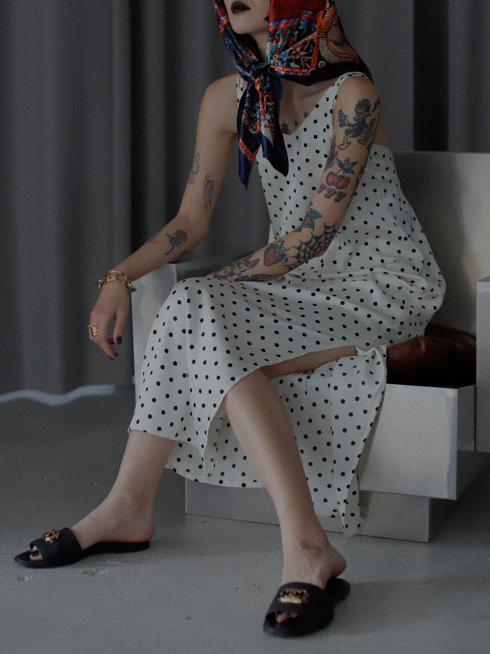 Dot Satin Long Cami One-piece