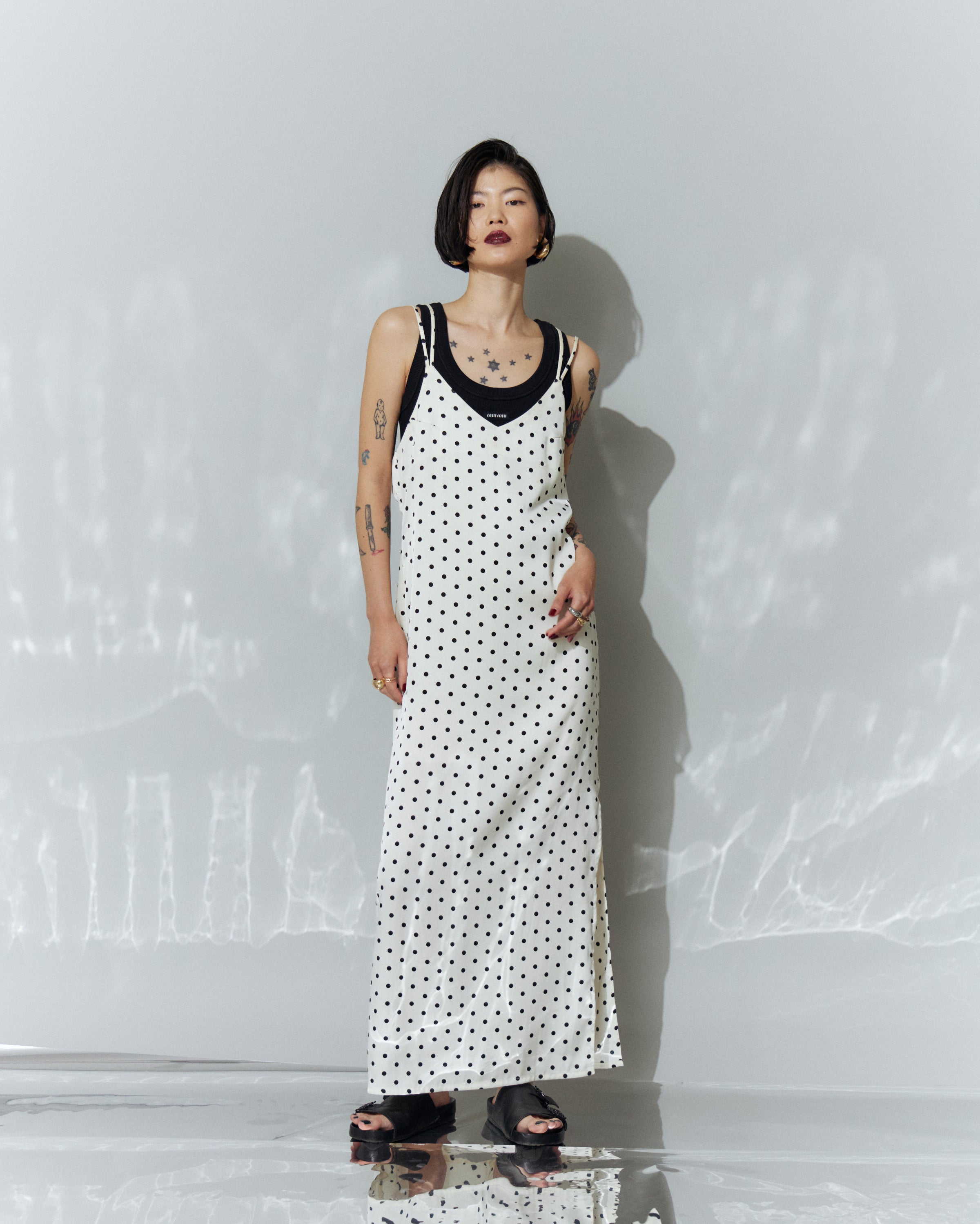 Dot Satin Long Cami One-piece