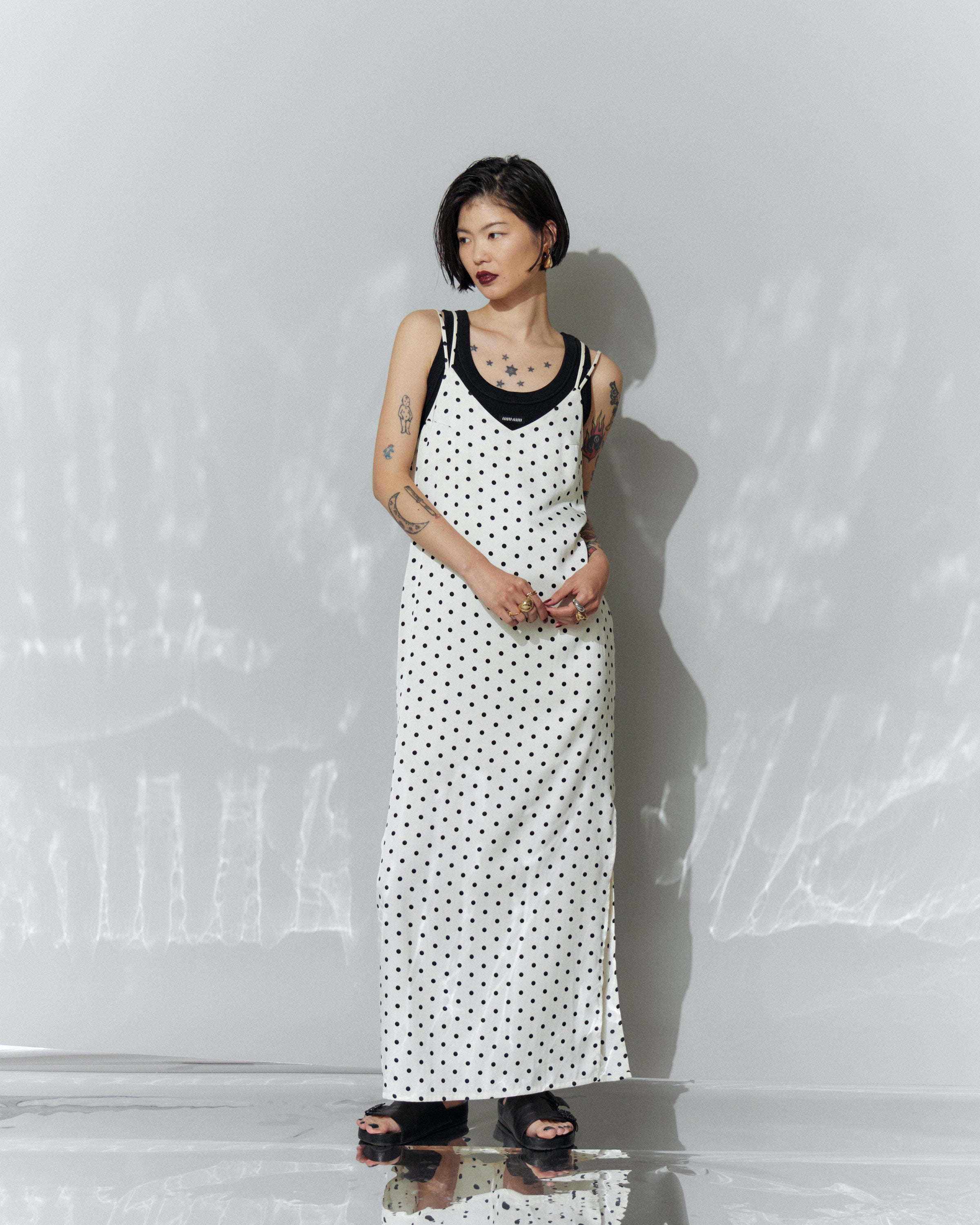 Dot Satin Long Cami One-piece