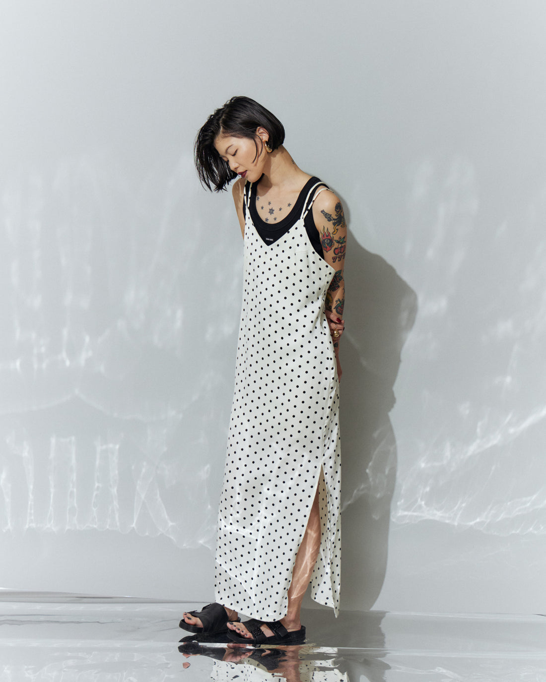 Dot Satin Long Cami One-piece