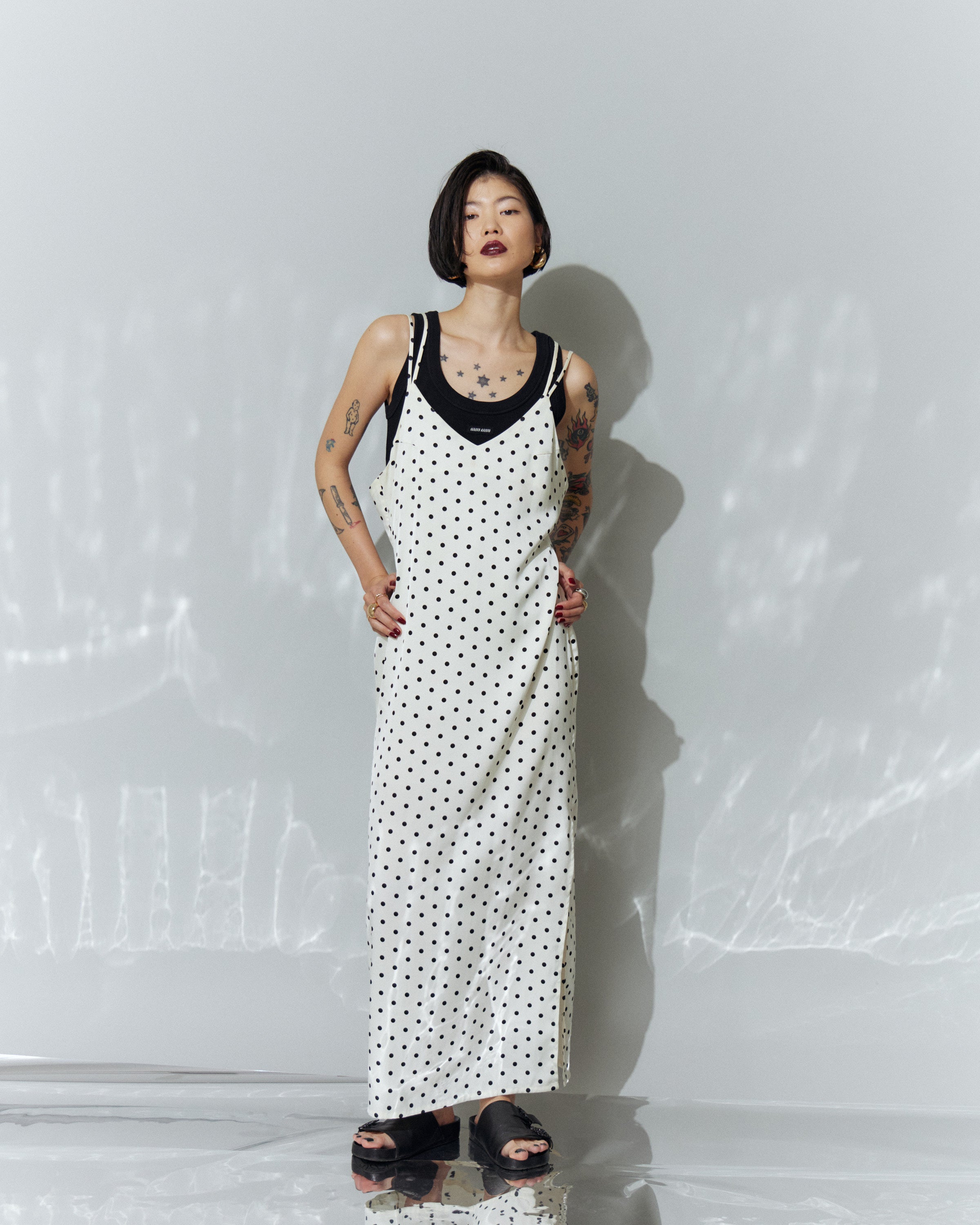Dot Satin Long Cami One-piece