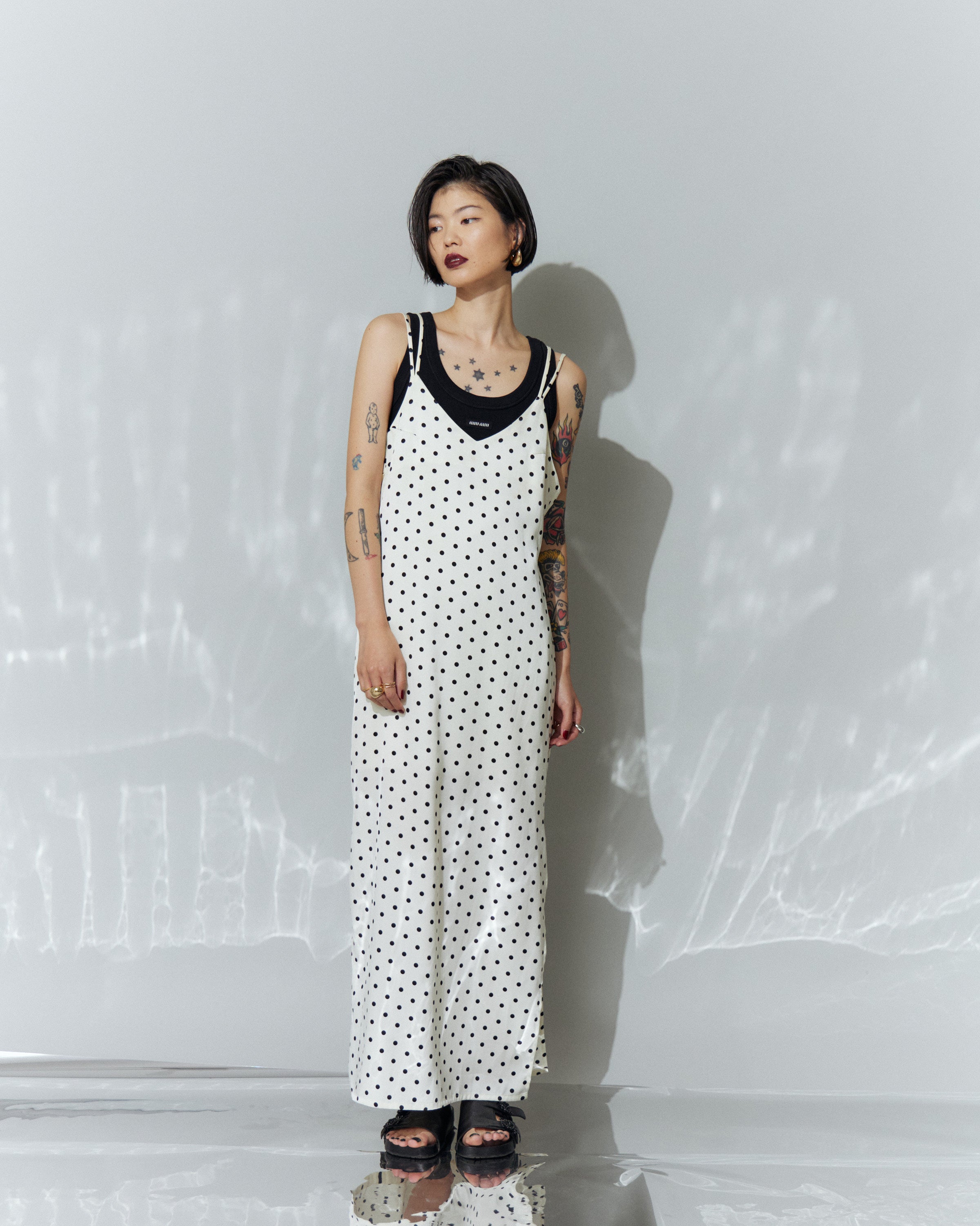 Dot Satin Long Cami One-piece