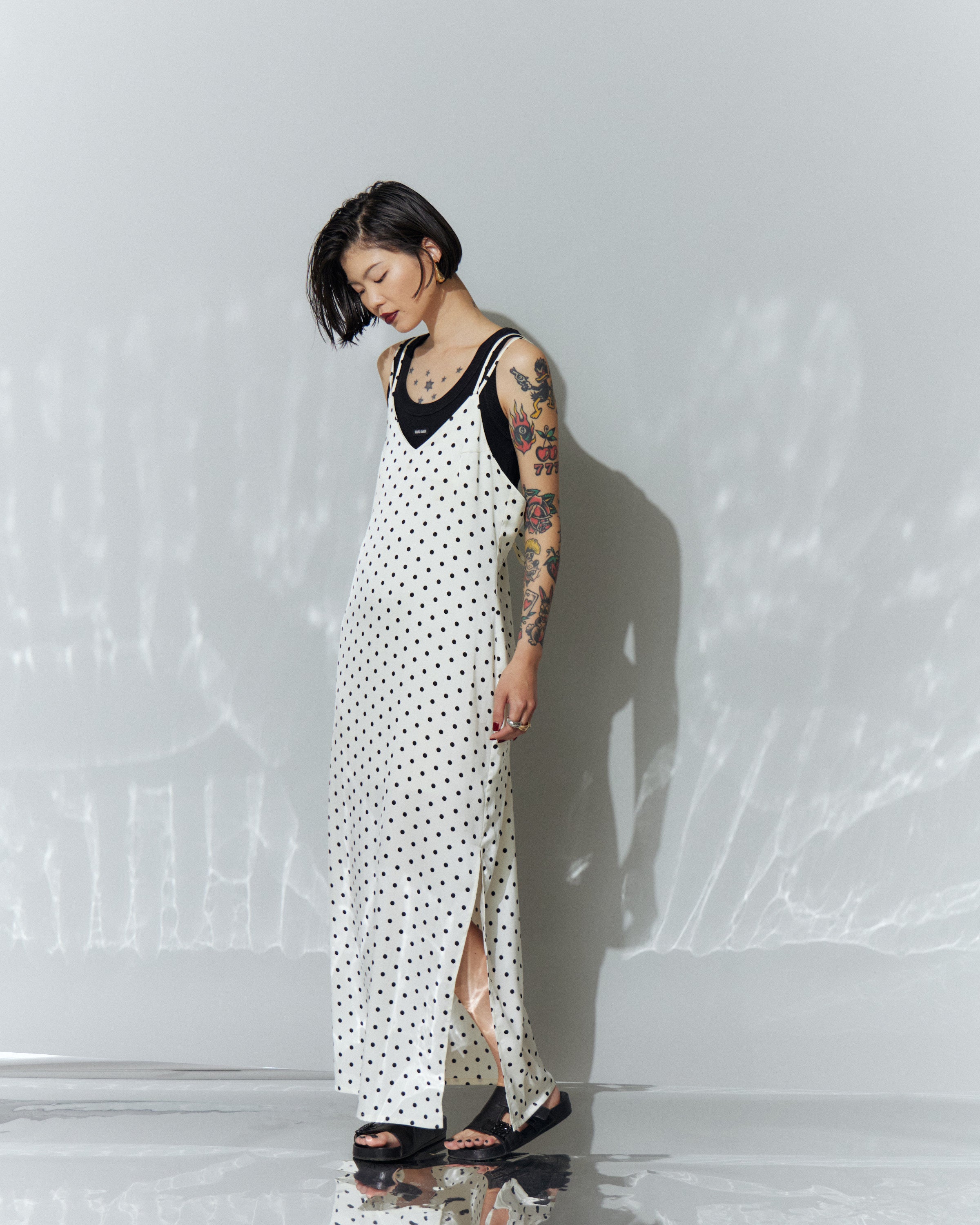 Dot Satin Long Cami One-piece