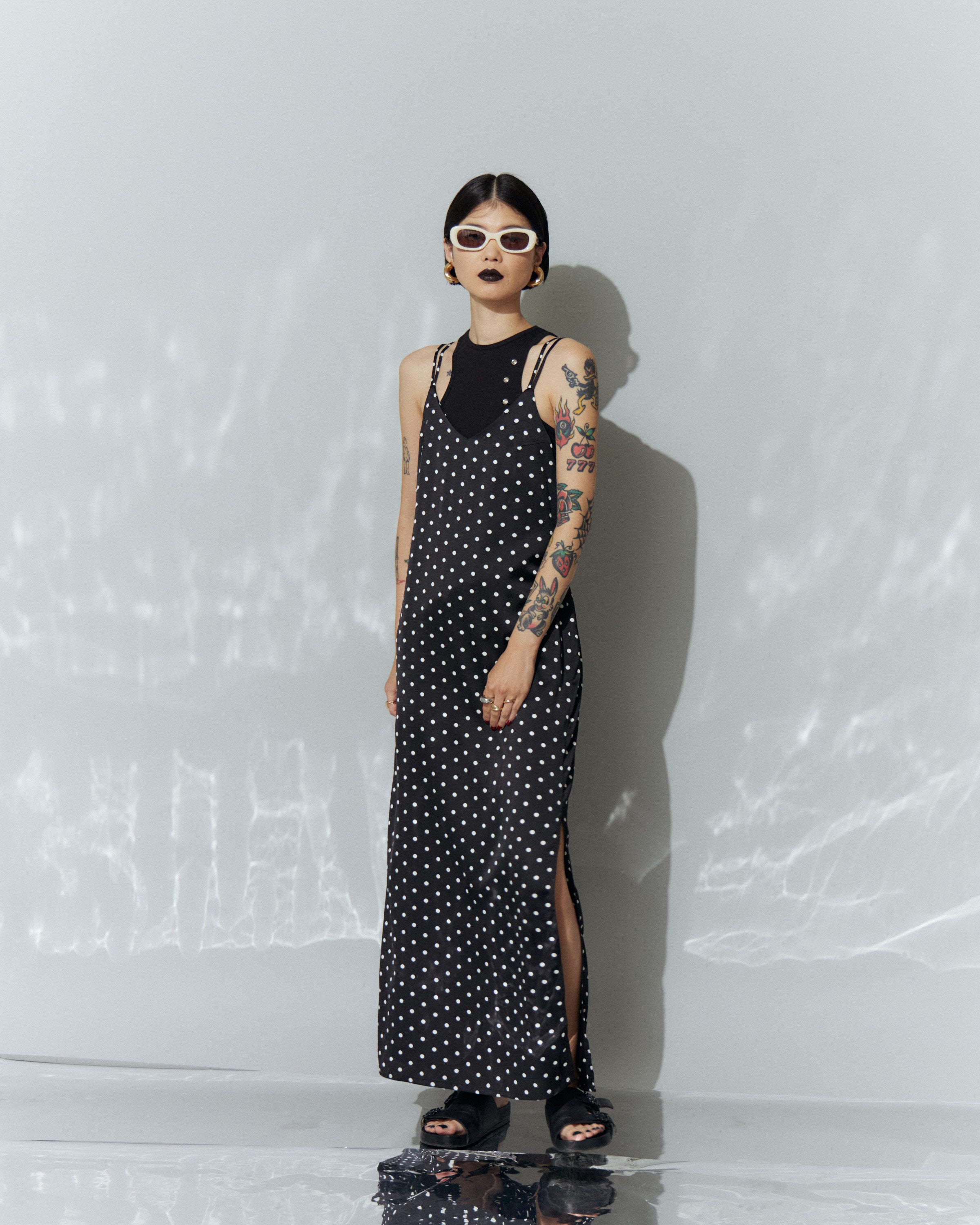 Dot Satin Long Cami One-piece