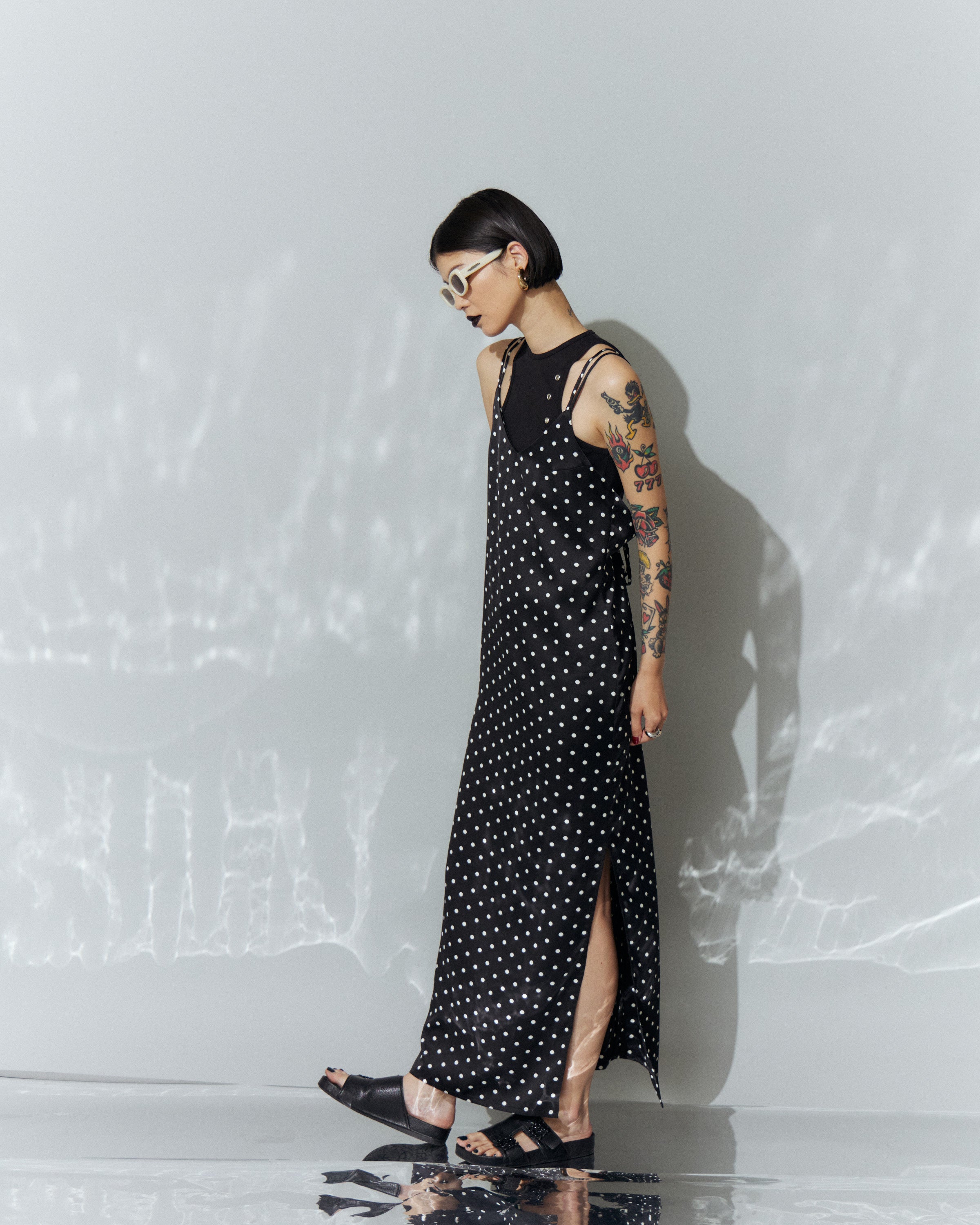 Dot Satin Long Cami One-piece
