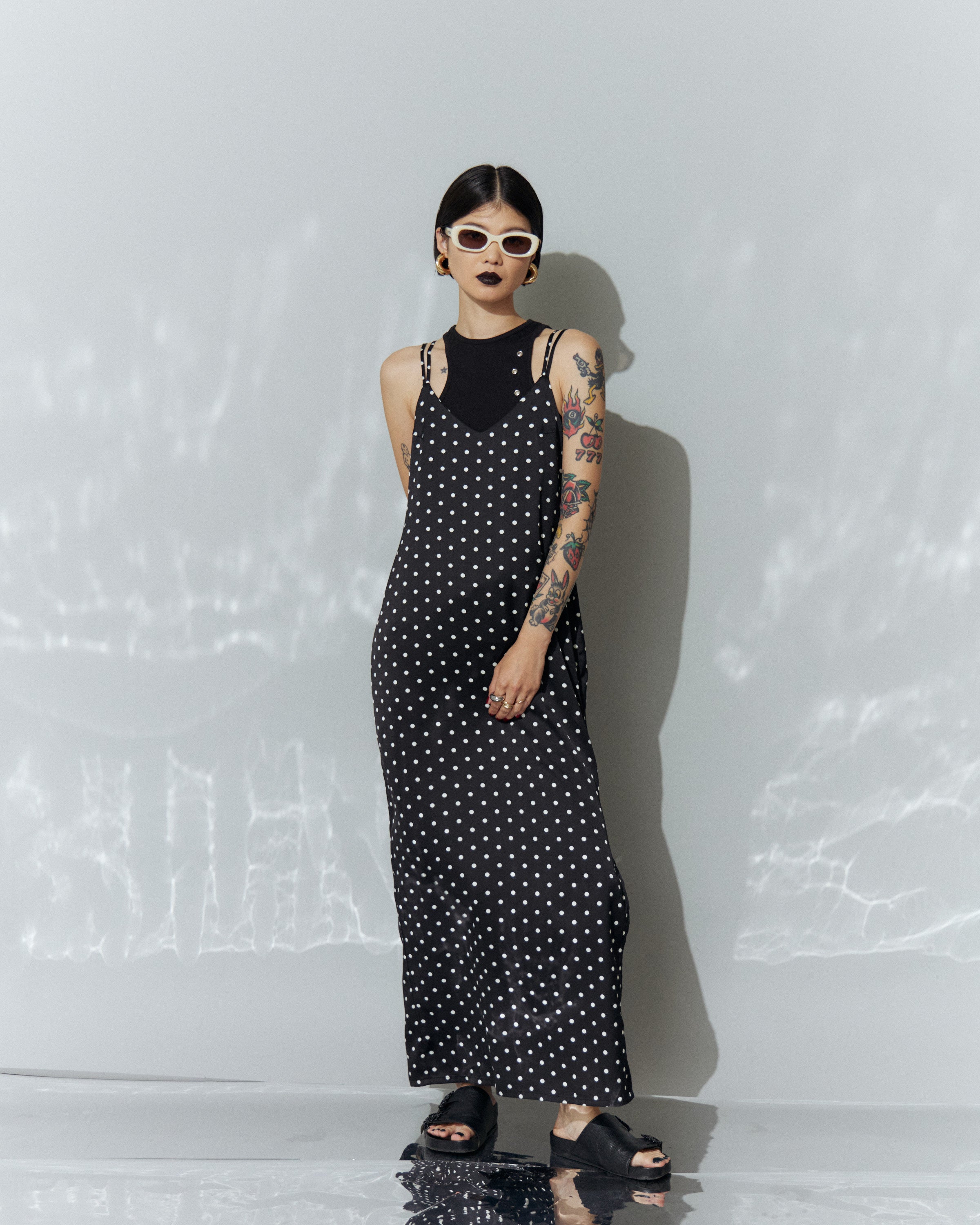 Dot Satin Long Cami One-piece