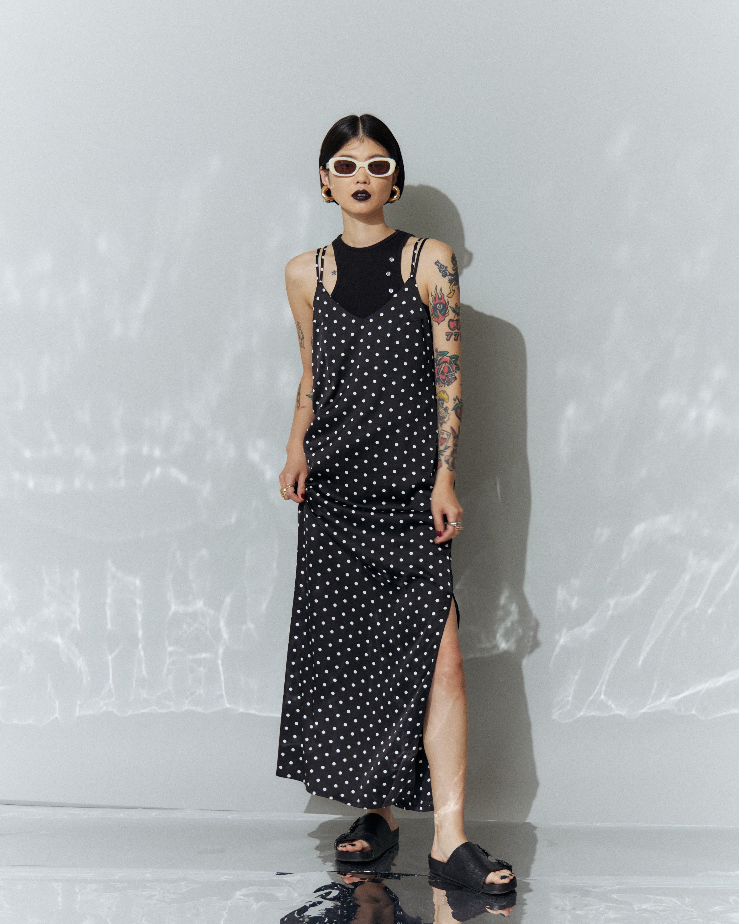 Dot Satin Long Cami One-piece