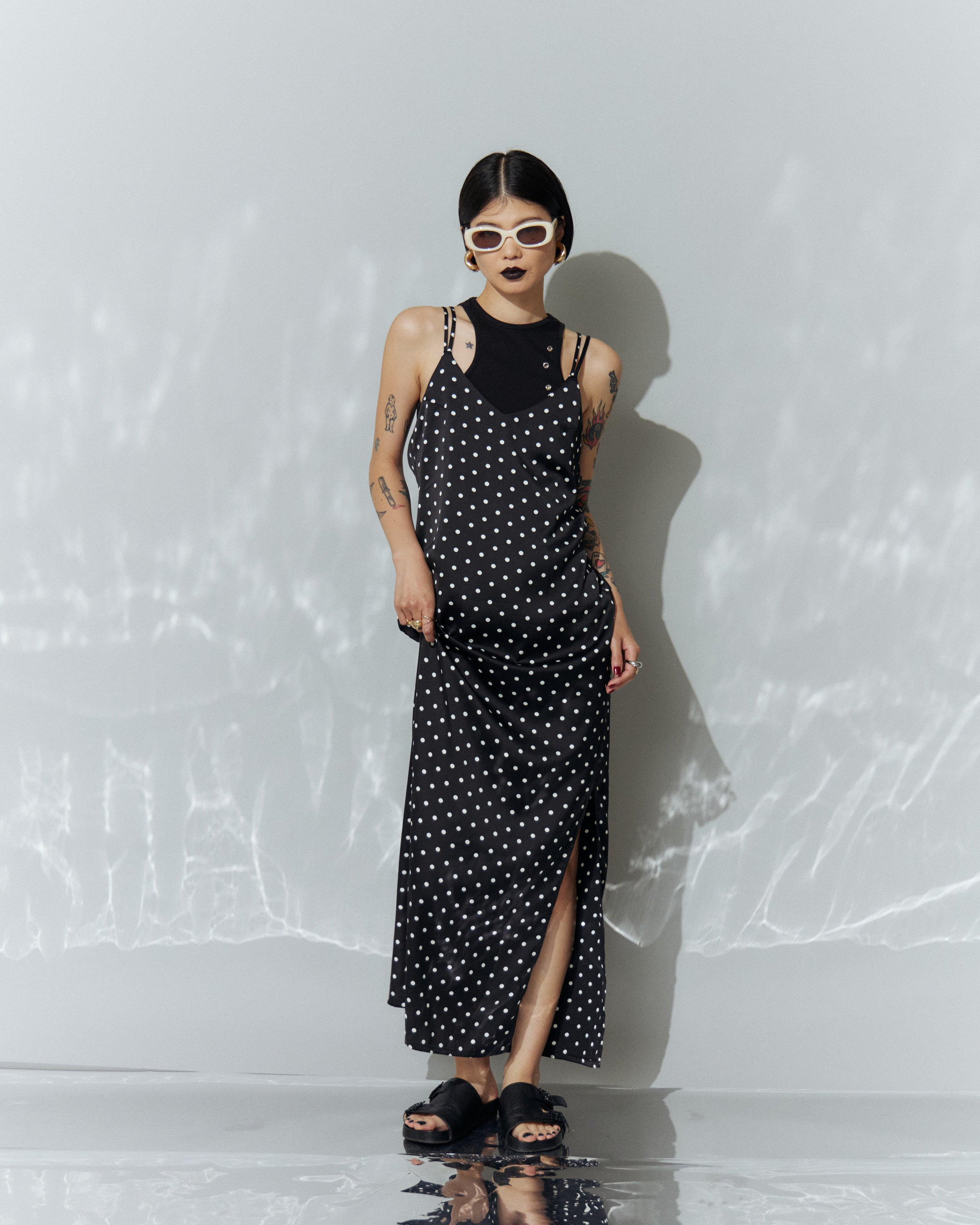 Dot Satin Long Cami One-piece