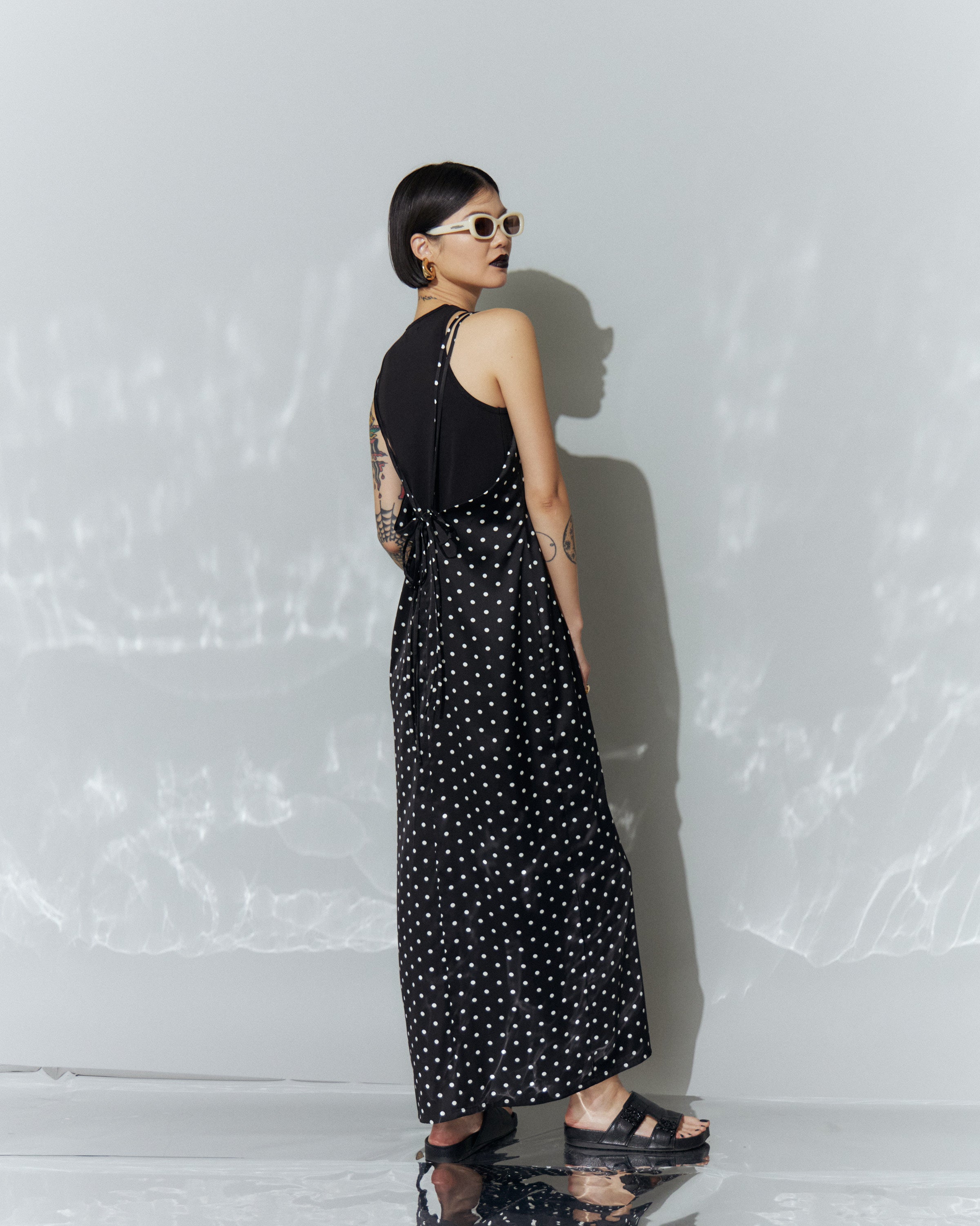 Dot Satin Long Cami One-piece