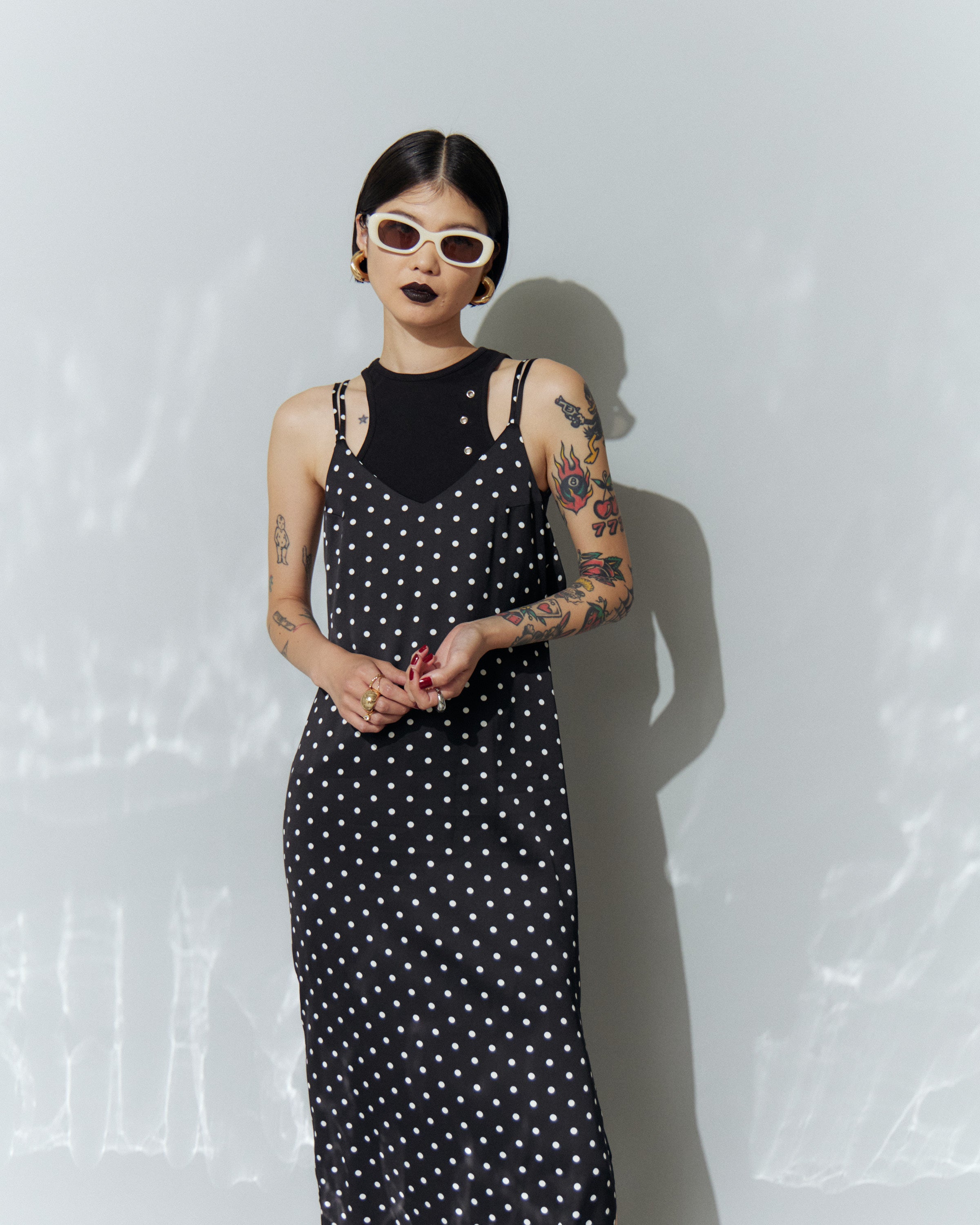 Dot Satin Long Cami One-piece