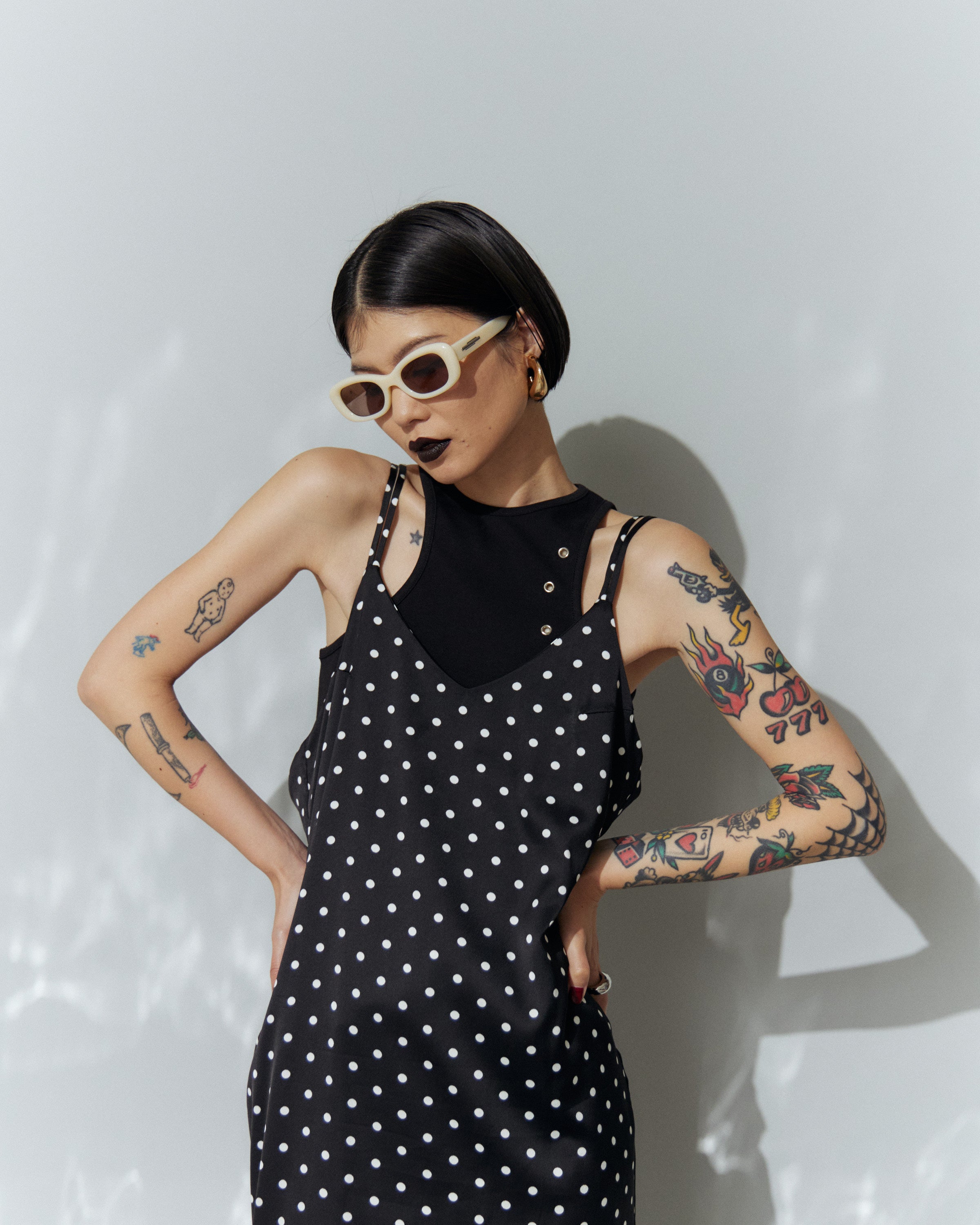 Dot Satin Long Cami One-piece