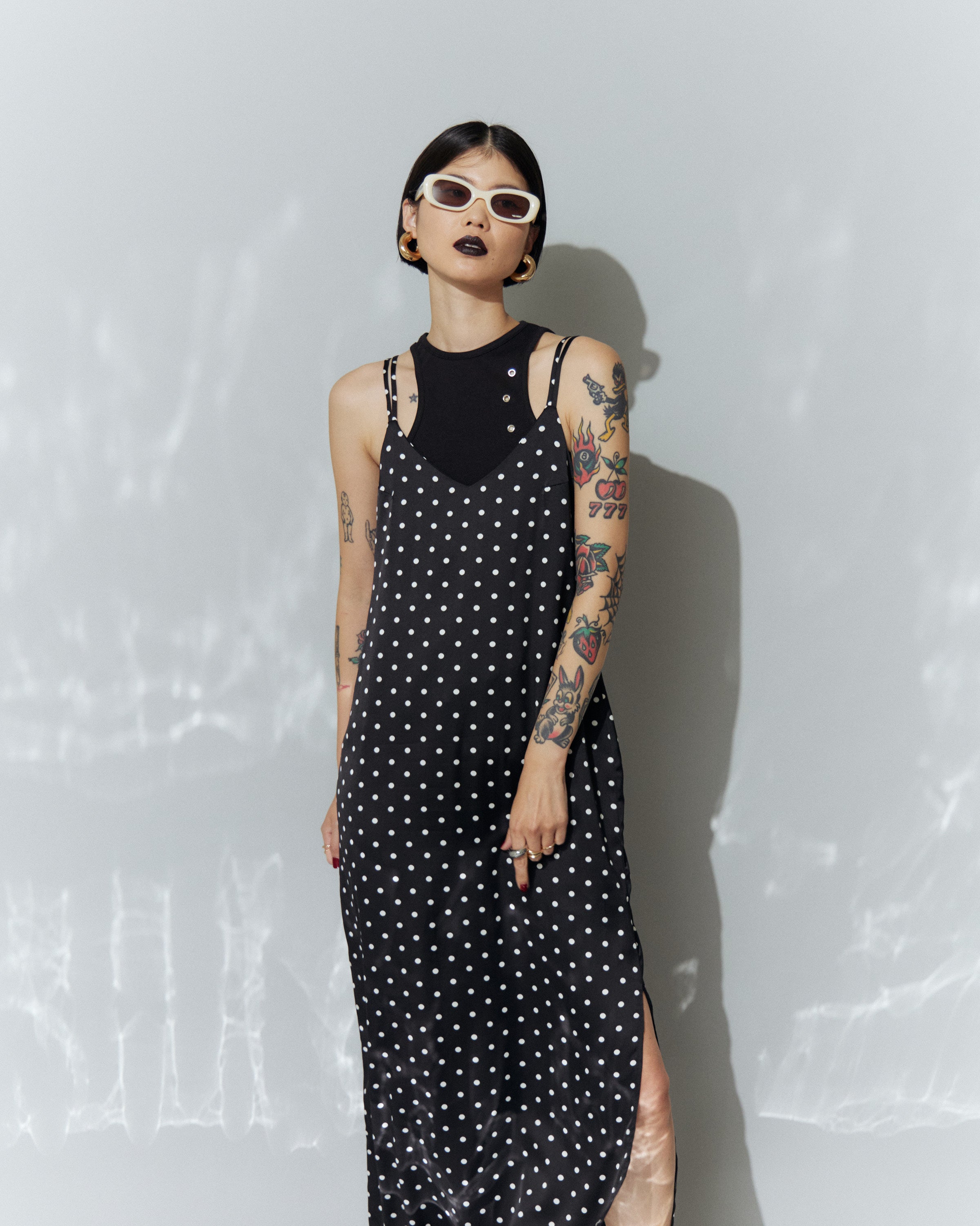 Dot Satin Long Cami One-piece