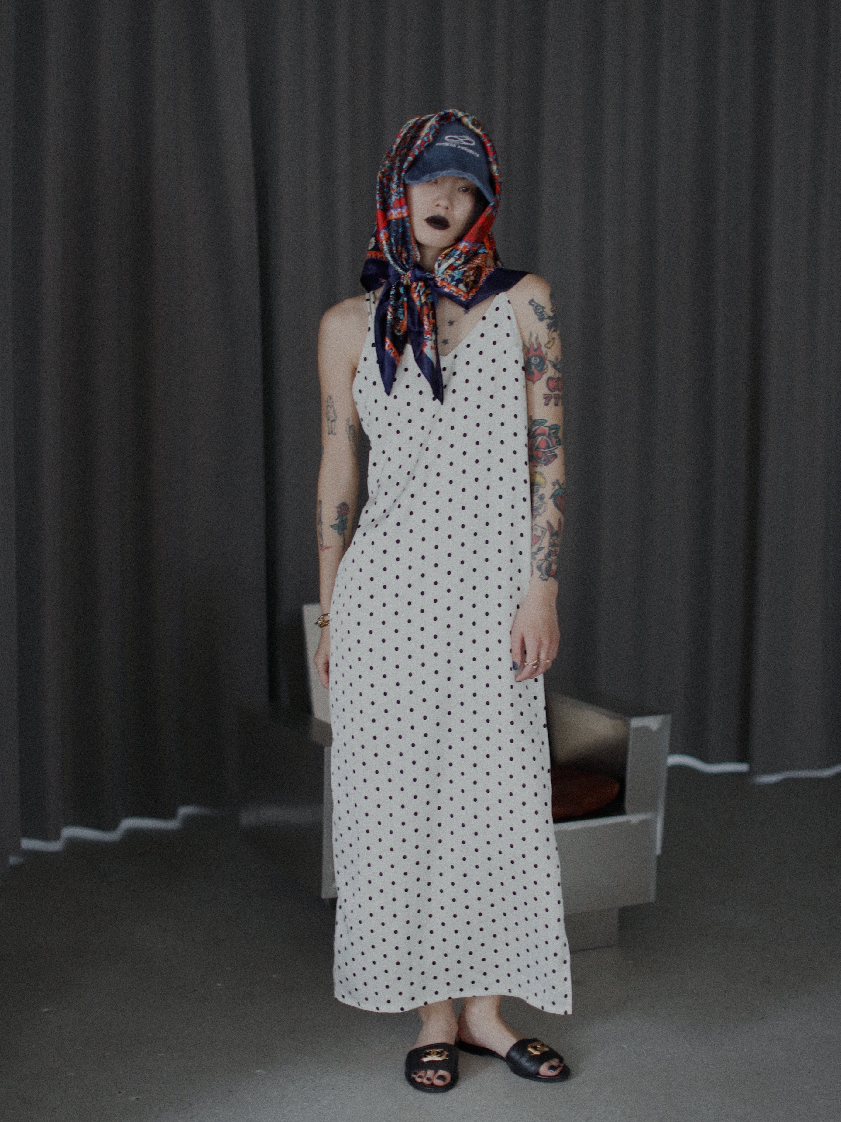 Dot Satin Long Cami One-piece