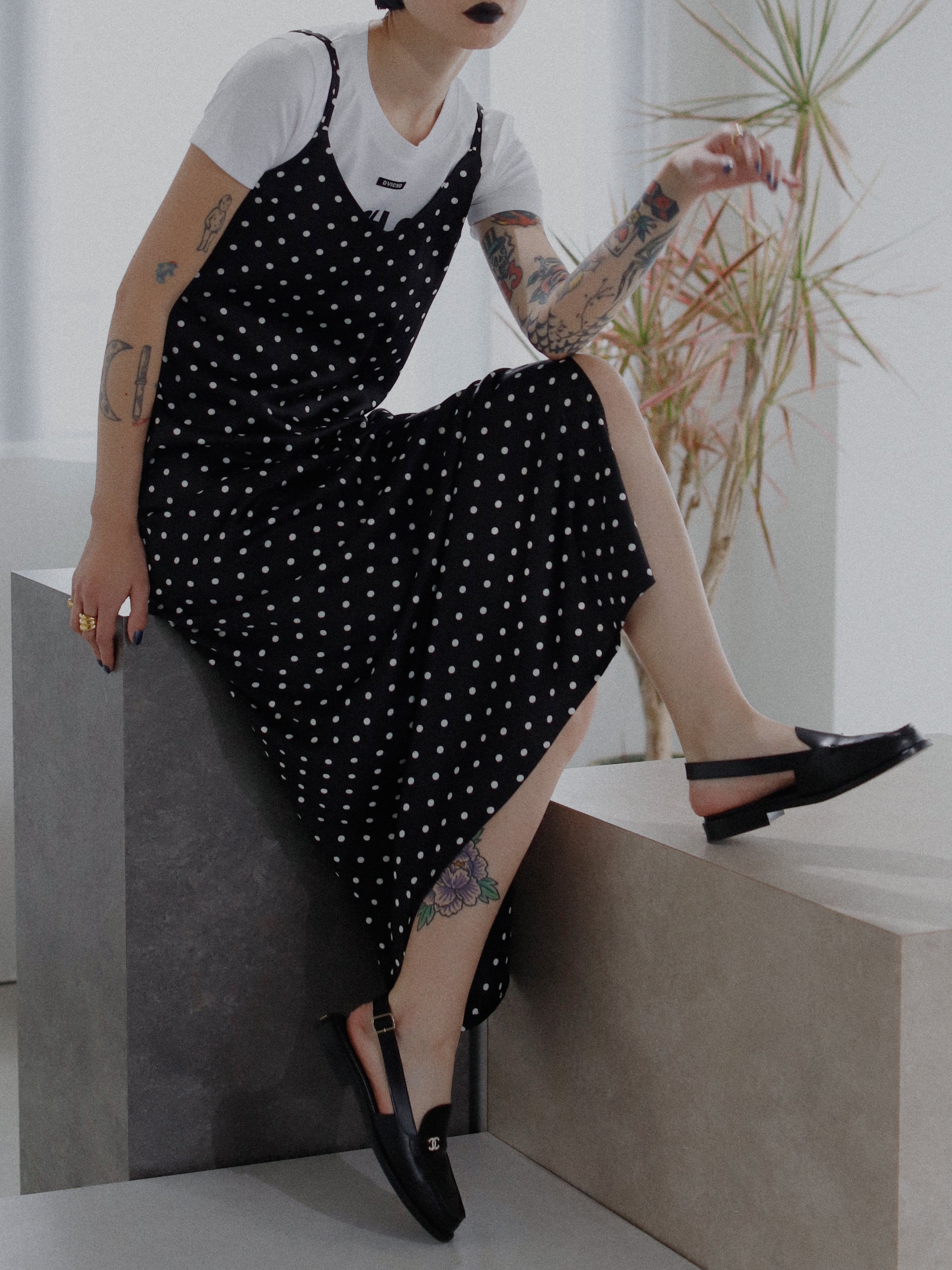 Dot Satin Long Cami One-piece