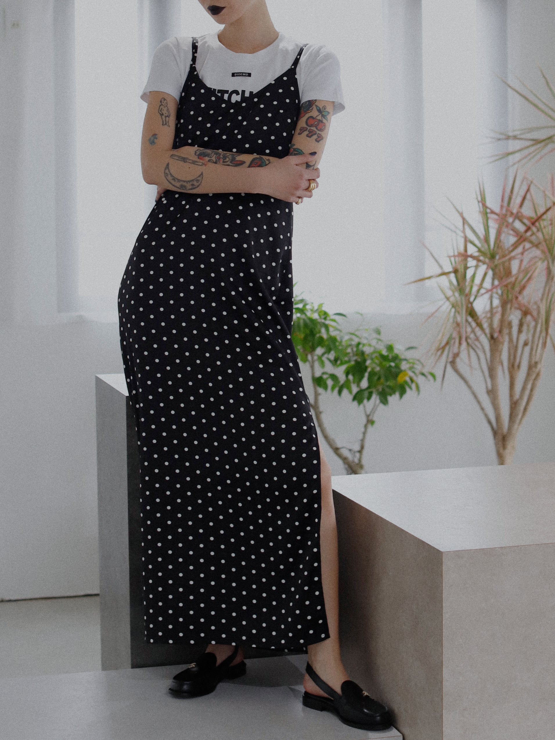 Dot Satin Long Cami One-piece